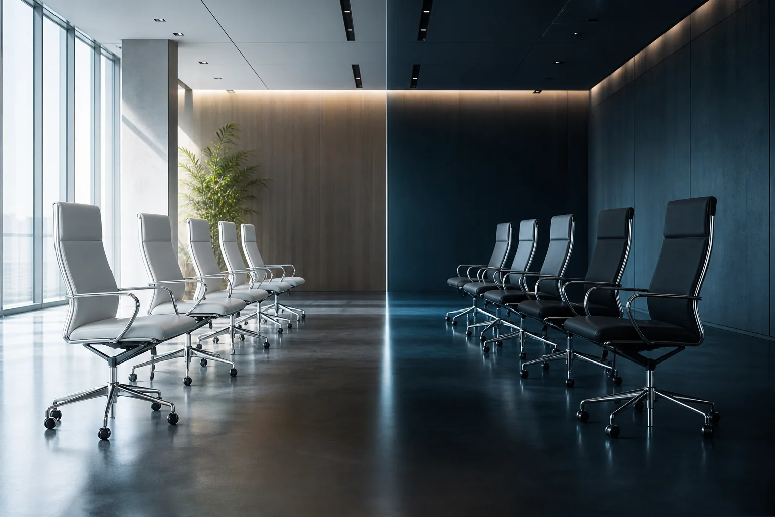 Modern bir toplantı odasında geniş bir boşlukla ayrılmış, karşılıklı duran iki grup boş ofis sandalyesi; bir taraf aydınlık, diğer taraf loş